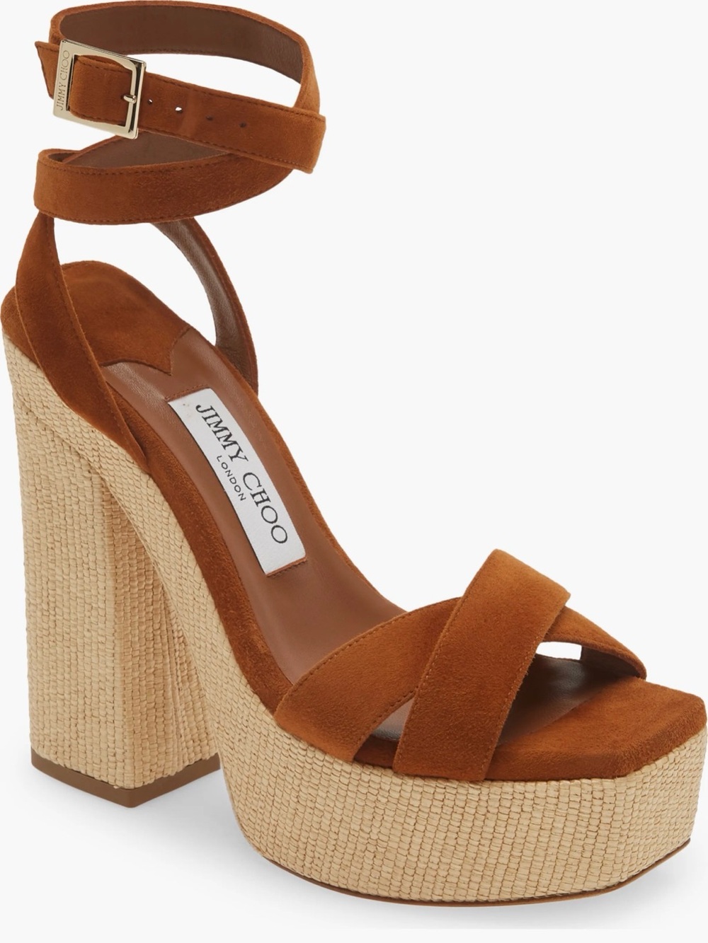 NWT Jimmy Choo Gaia Ankle Wrap Platform Sandals Brown Suede Raffia Size 7
